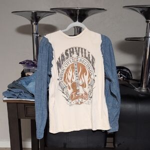 Upcycled White Tee with Blue Denim-Style Sleeves - Nashville Graphic Boho
